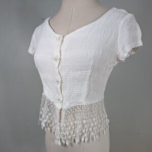 90s Crop Top White S Lace Vintage Hippie Boho Crinkle Rayon Button Retro Cottage